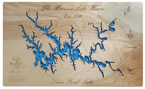 Wood Laser Cut Map Of Tims Ford Lake Tn Topographical Engraved Map