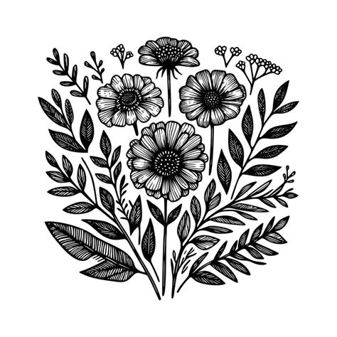 Black And White Flowers Hand Drawn Vector Illustration Isolated White