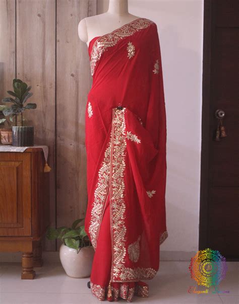 Red Pure Chinon Crepe Gota Patti Work Saree