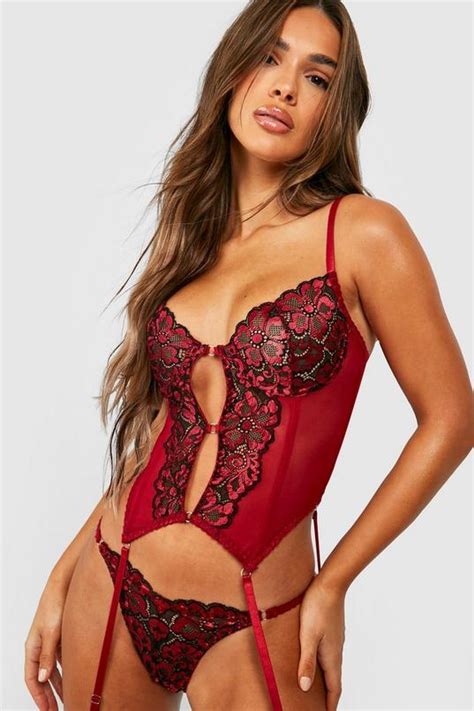 Contrast Lace Cut Out Basque And Thong Set Boohoo Uk