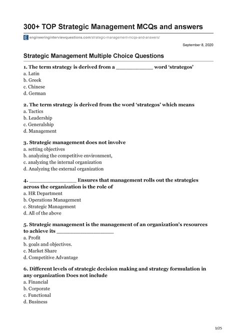 Strategic Management Mcqs And Answers September Top