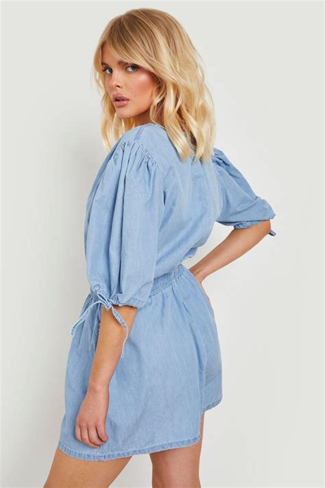 Puff Sleeve V Neck Denim Playsuit Denim Playsuit Cute Crop Tops