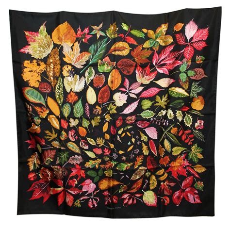 Hermes Black Multi Colored Leaves 100% Silk Scarf