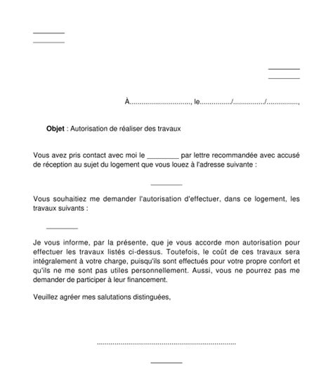 Lettre D Autorisation Ou De Refus D Autorisation Des Travaux Au Locataire