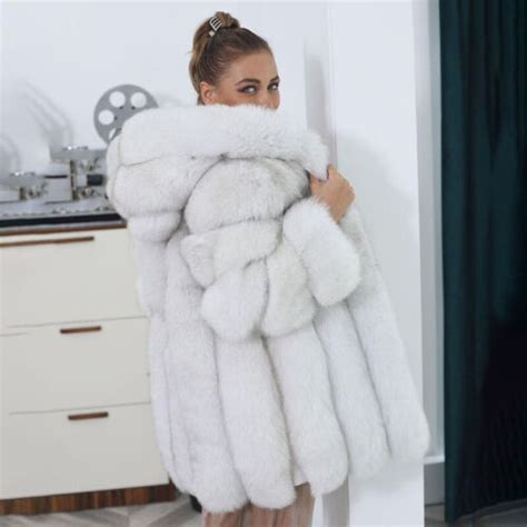 Women Full Pelt Natural Real Fox Fur Coat Hooded Jacket Thick Overcoat