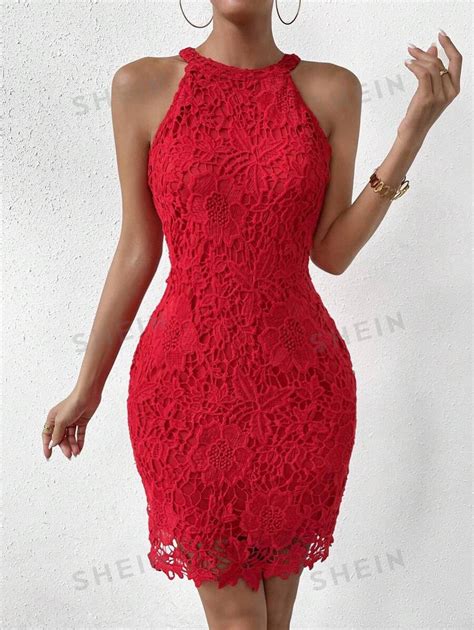 Shein Privé Guipure Lace Halter Neck Bodycon Dress Shein Uk