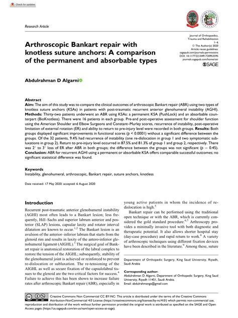 PDF Arthroscopic Bankart Repair With Knotless Suture Anchors A