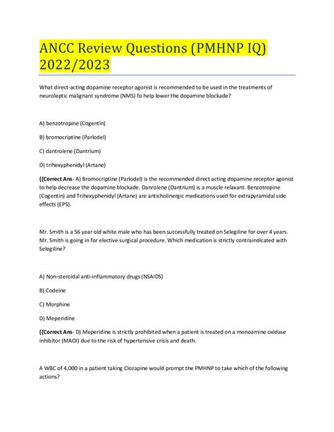 Ancc Review Questions Pmhnp Iq 2022 2023 Browsegrades