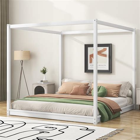 Harper Bright Designs Cama King Con Dosel De Madera Con 4 Paneles De