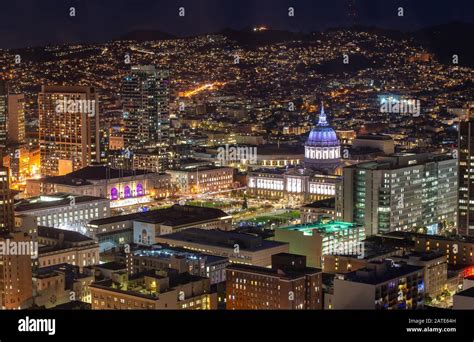 City hall of San Francisco Civic Center at night aerial view. Beautiful ...