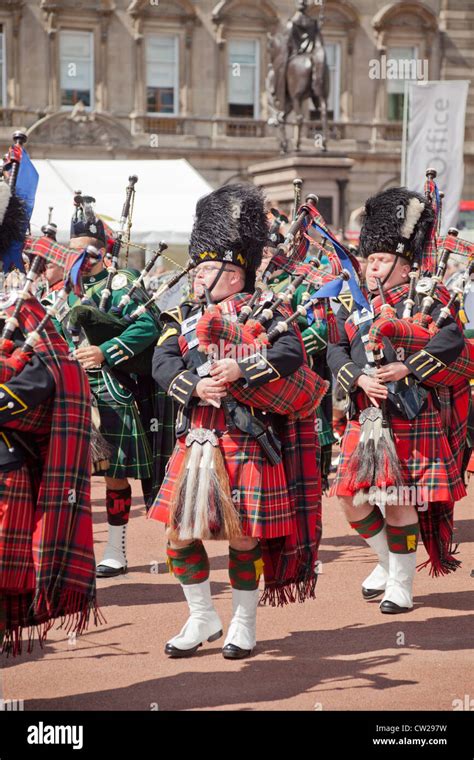 Massed Pipe Band Performing In George Square As Part Of Piping Live