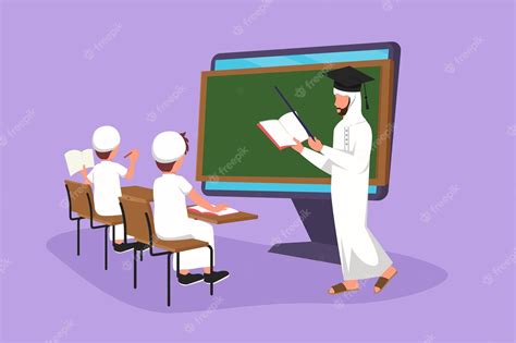 Premium Vector | Cartoon flat style drawing arab male teacher standing in front of monitor ...