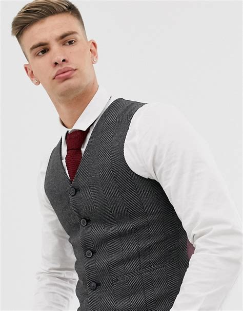 Asos Design Wedding Super Skinny Suit Waistcoat In Charcoal Herringbone