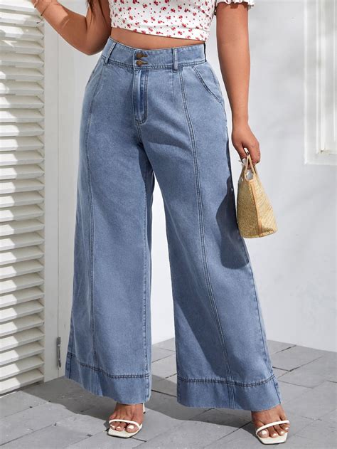 Light Wash Collar Denim Plain Wide Leg Embellished Non Stretch Women Plus Clothing Plus Size