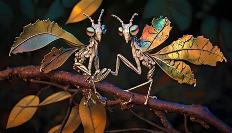 Dos mantis religiosas están sentadas en una rama una de ellas tiene