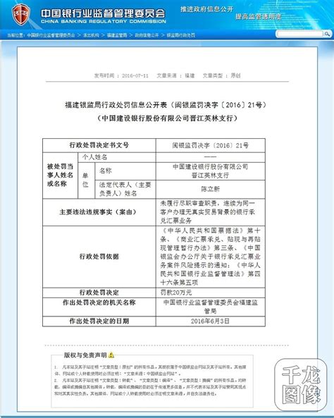 中国建设银行股份有限公司晋江英林支行因违法违规被罚 千龙网·中国首都网