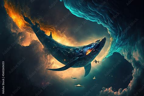 ภาพประกอบสตอก Whale in space Fantasy sci fi illustration featuring an