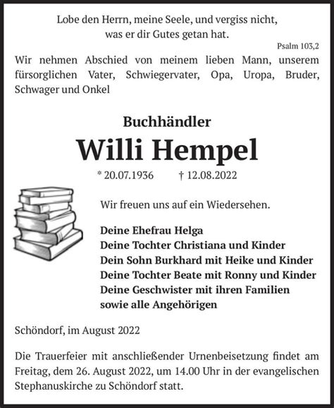 Traueranzeigen Von Willi Hempel Abschied Nehmen De