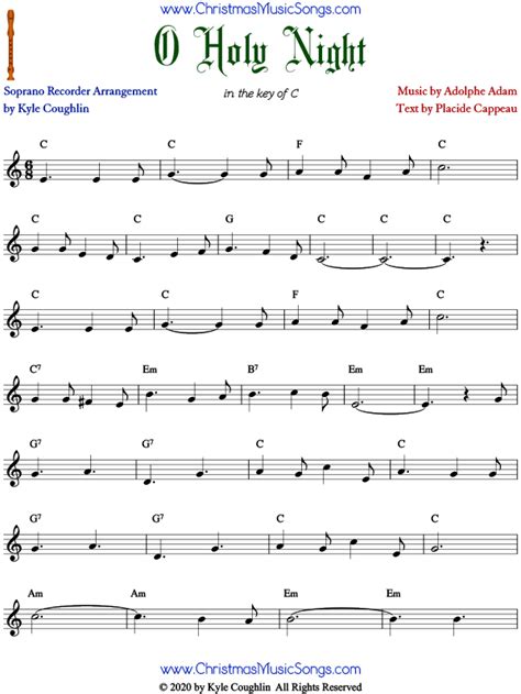 O Holy Night Christmas Carol For Recorder - Free Sheet Music