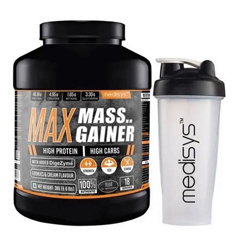 Medisys Bulk Up And Muscle Growth Cookies And Cream Max Mass Gainer And Shaker Packaging Type Jar