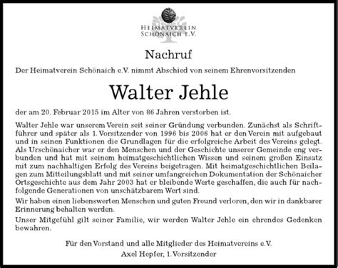 Traueranzeigen von Walter Jehle Kreiszeitung Böblinger Bote