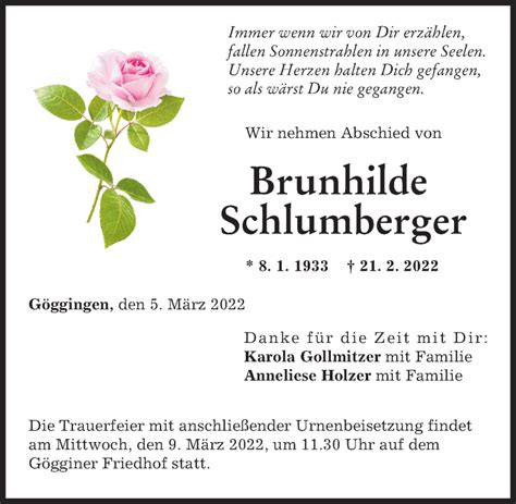 Traueranzeigen Von Brunhilde Schlumberger Augsburger Allgemeine Zeitung