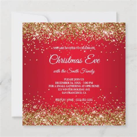 Faux Sparkly Gold Glitter Christmas Red Invitation Zazzle 90th