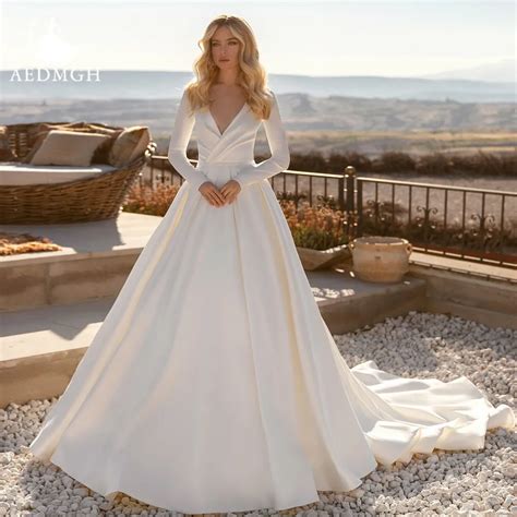 Aedmgh A Line Matte Satin Wedding Dresses V Neck Long Sleeve Robe