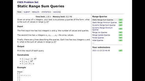 Static Range Sum Queries Cses Range Queries Youtube