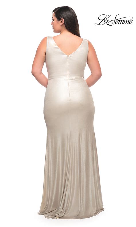 La Femme Metallic Long V Neck Plus Size Prom Gown