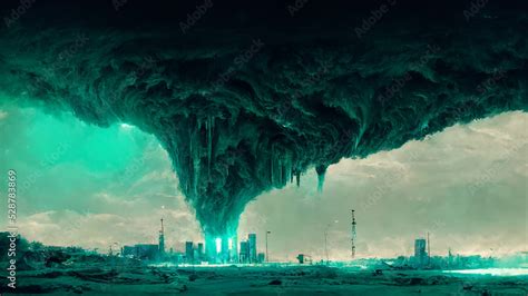 Huge Tornado Above Sci-Fi Metropolis on the Blue Green Ice Planet Art ...