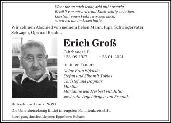 Traueranzeigen Von Erich Gro Saarbruecker Zeitung Trauer De