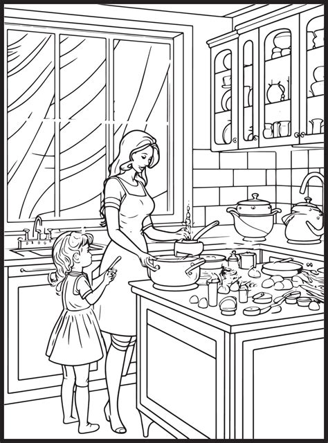 Mother Son Kitchen Coloring page 23175400 Vector Art at Vecteezy