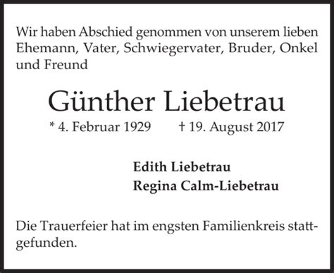 Traueranzeigen von Günther Liebetrau sh z Trauer