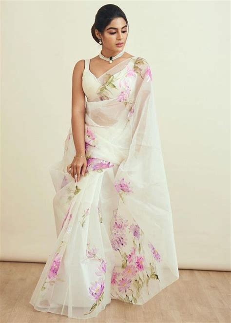 Get Off White Floral Printed Organza Saree At 1899 LBB Shop