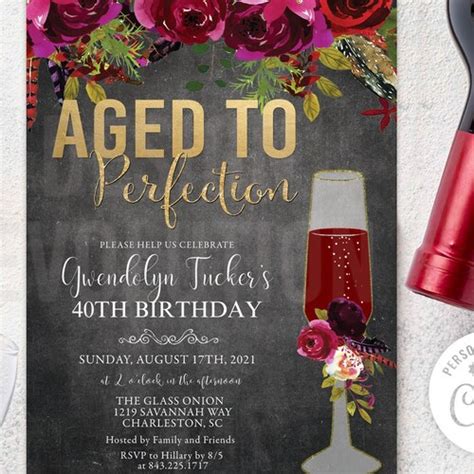 Wine Invitation Women Birthday Party Aged To Perfection Floral Etsy