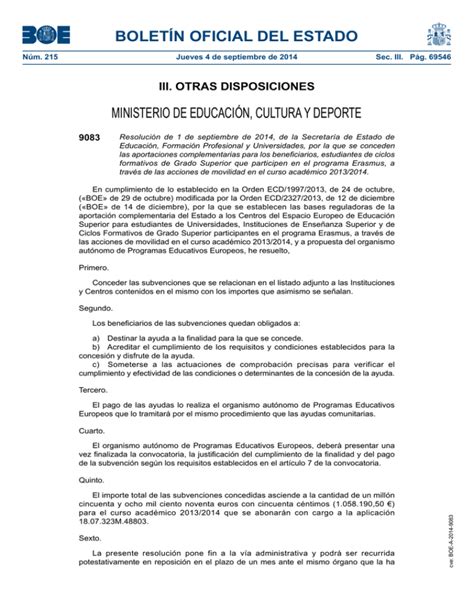 Resoluci N De 1 De Septiembre De 2014 De La Secretar A De Estado De