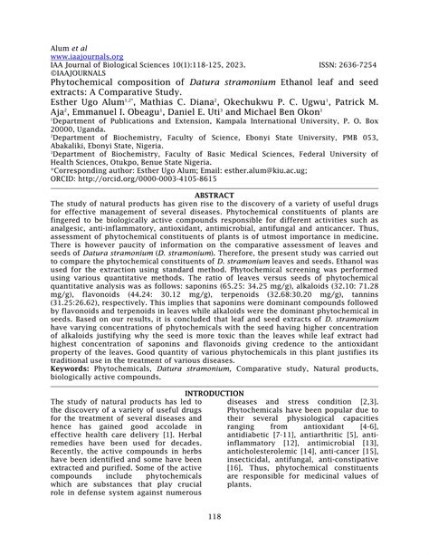 Phytochemical Composition Of Datura Stramonium Ethanol Leaf And Seed