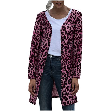 Womens Leopard Print Knitwear Long Sleeve Open Front Cardigan Sweater