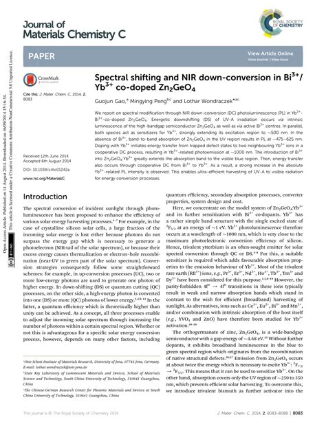 Pdf Spectral Shifting And Nir Down Conversion In Bi3 Yb3 Co Doped Zn2geo4