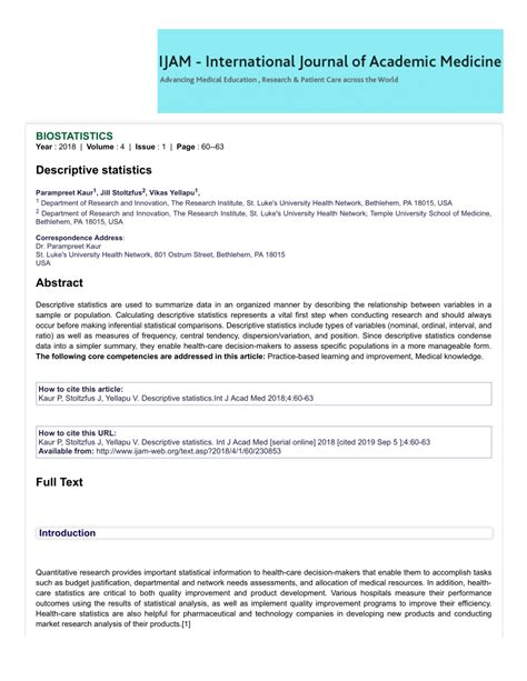 Descriptive Statistics Table Example