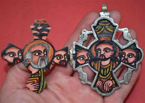 Hand Painted Ethiopian Coptic Christian Metal Cross Icon Pendant