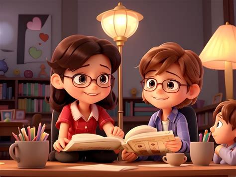 Premium Photo | Kids Happily Reading Story Book 3D Animation