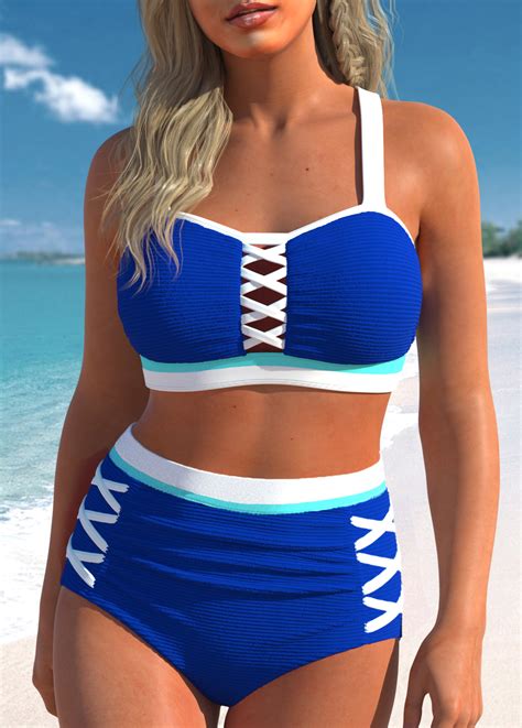 Patchwork Criss Cross Royal Blue Bikini Set Modlily Usd