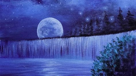 How To Paint A Night Scenery With Moon And Waterfall Acrylic Painting