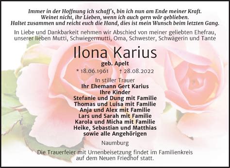 Traueranzeigen Von Ilona Karius Abschied Nehmen De