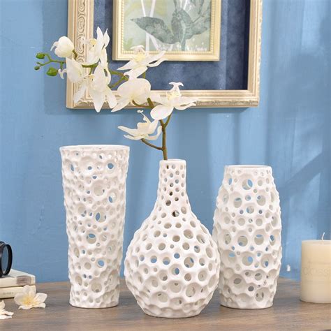 Handmade Geometry Hollow Emboss Round Dots White Flower Porcelain Vase