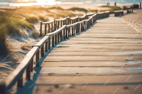 Premium AI Image | Wooden walkway on a beach with a wooden walkway.