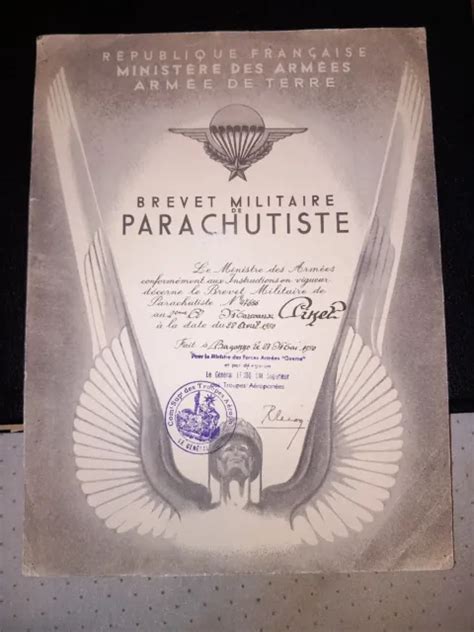 DIPLOME BREVET MILITAIRE Parachutiste Guerre D Indochine 2 Eme