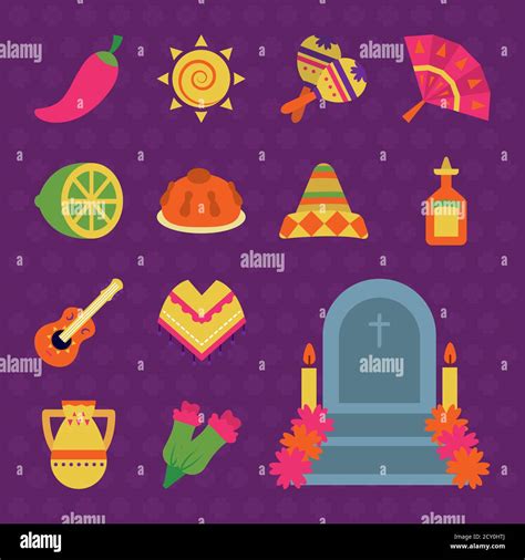 día mexicano de muertos y icono de poncho sobre fondo púrpura estilo